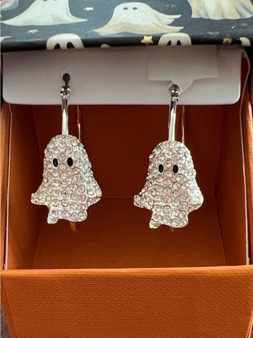 True to Form Pave Crystal Ghost Dangle Hoop Earrings in Silver Tone